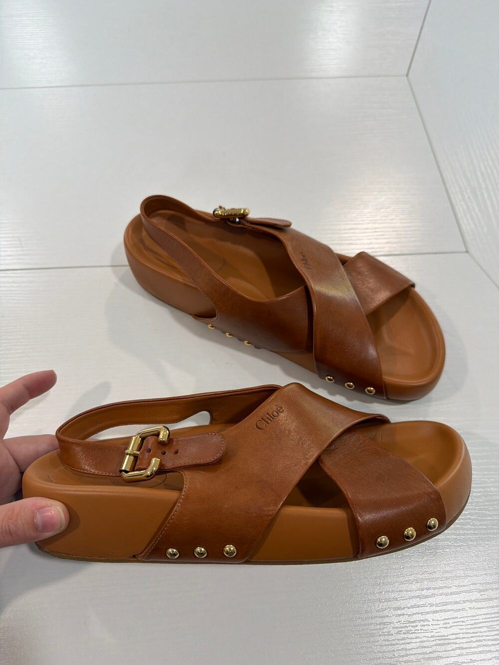 Chloé Mae Paddington Criss Cross Sandals Leather Brown Size 39